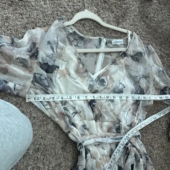 Calvin Klein Floral Chiffon Maxi Dress Sz 8 Faux Wrap Long Sleeve Tiered V-Neck - Picture 15 of 16